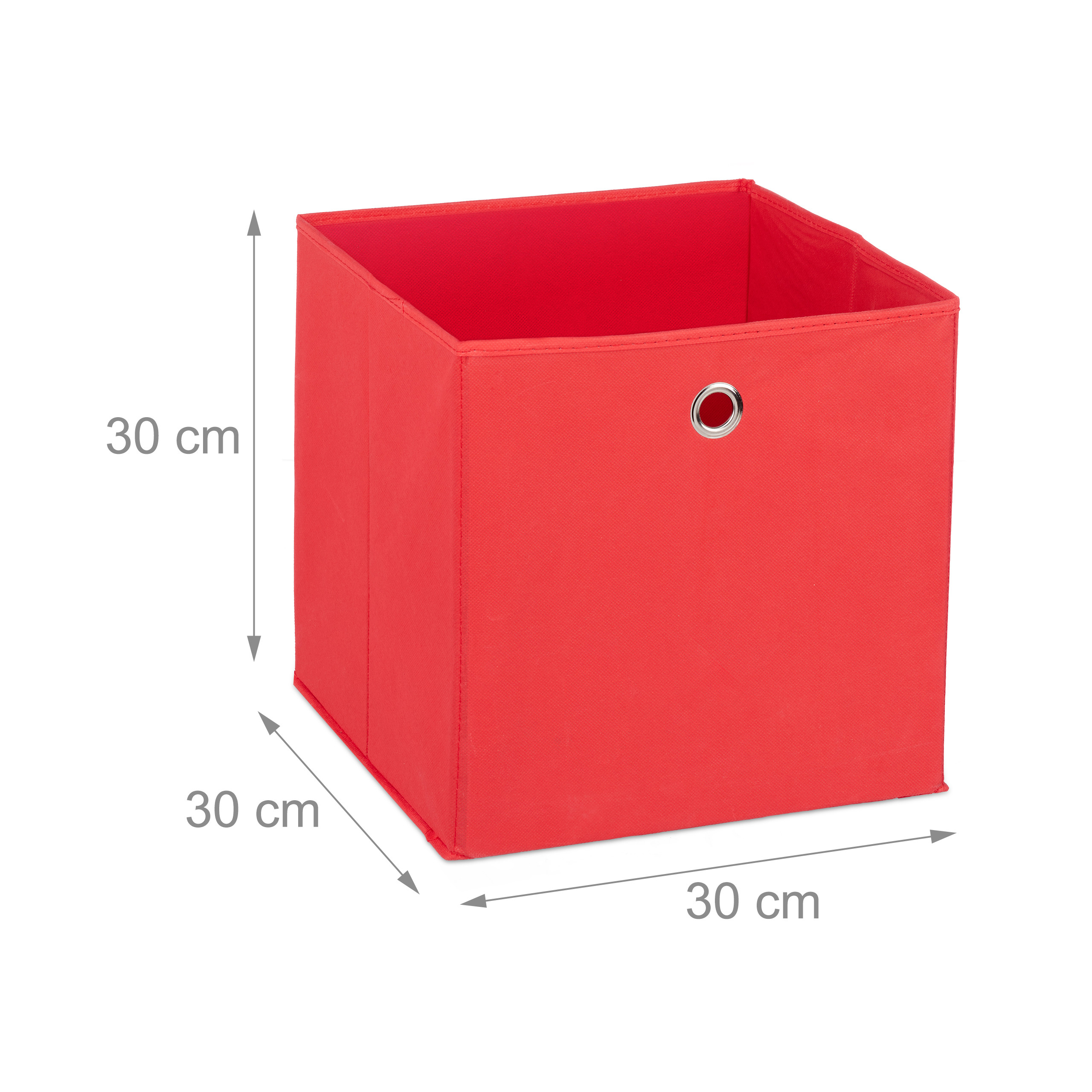 Eine quadratische rote Aufbewahrungsbox mit den Maßen 30x30x30 cm und einer Metallöse an der Vorderseite.
