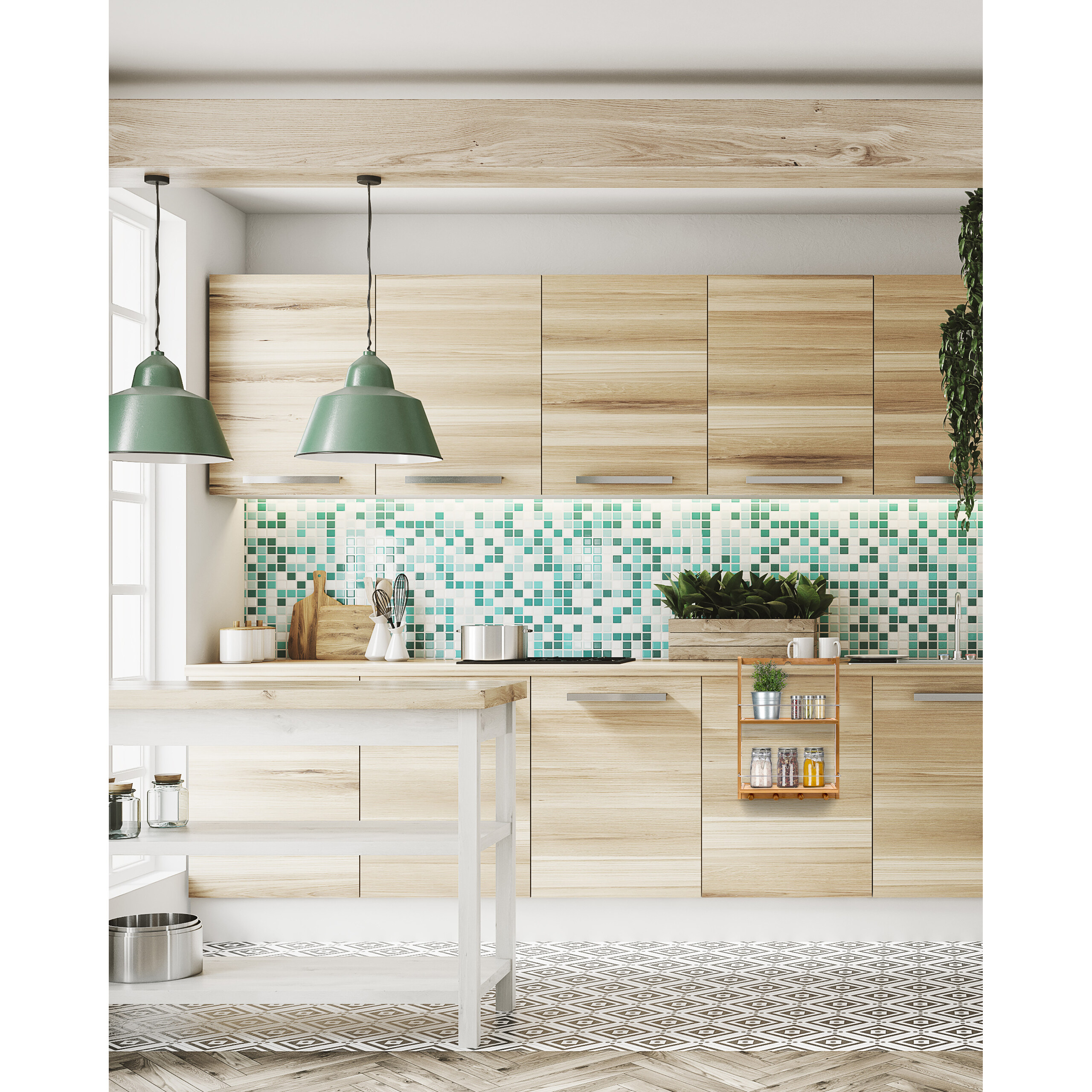 Moderne Küche mit Holzschränken, grünen Pendelleuchten, bunten Mosaikfliesen und einer Kücheninsel.