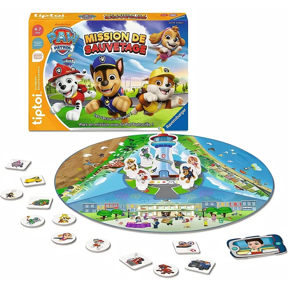 Gioco da tavolo Paw Patrol Tiptoi con scatola, tabellone rotondo, personaggi e gettoni.