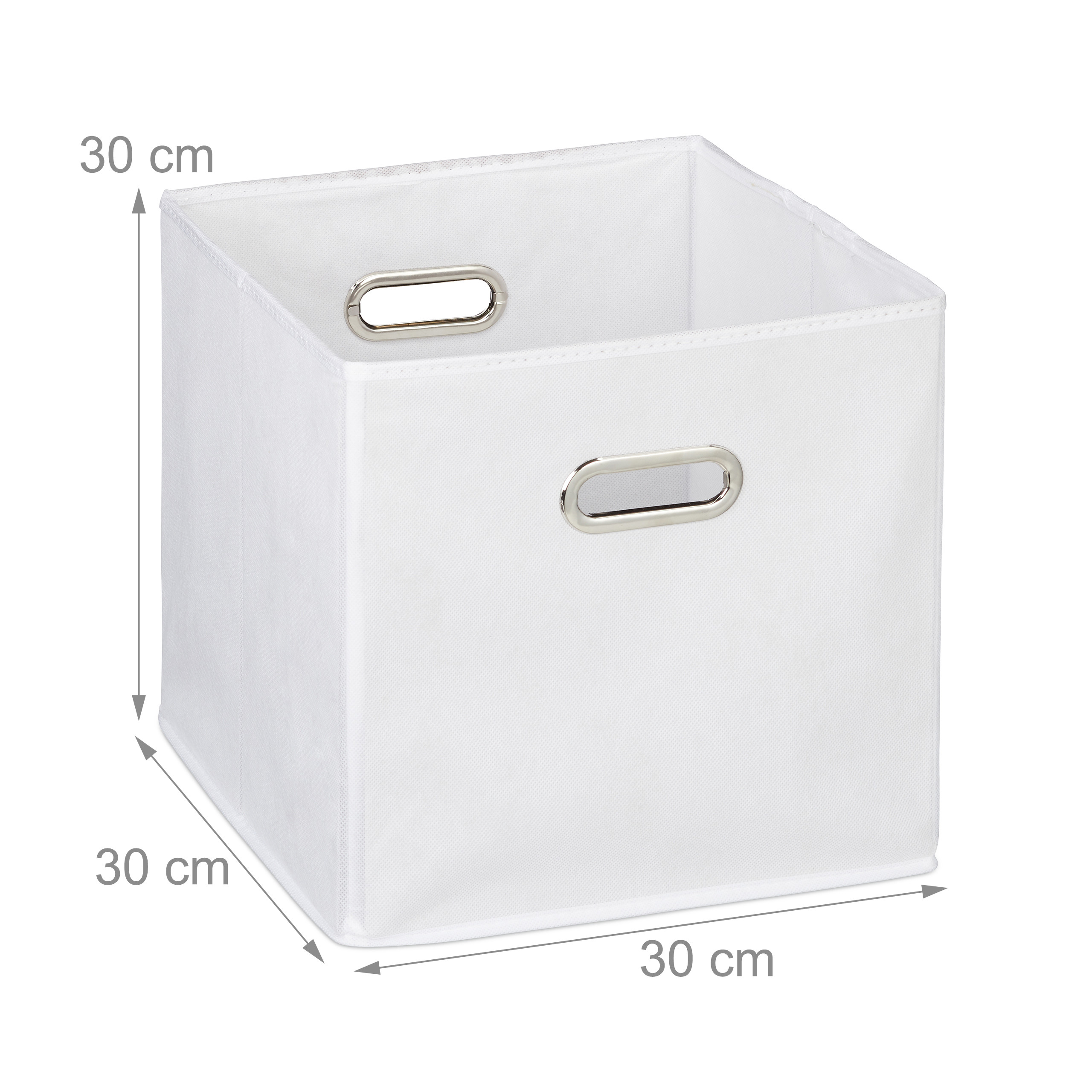 Eine weiße, quadratische Aufbewahrungsbox mit 30x30x30 cm und metallgerahmten Griffen an Vorder- und Oberseite.
