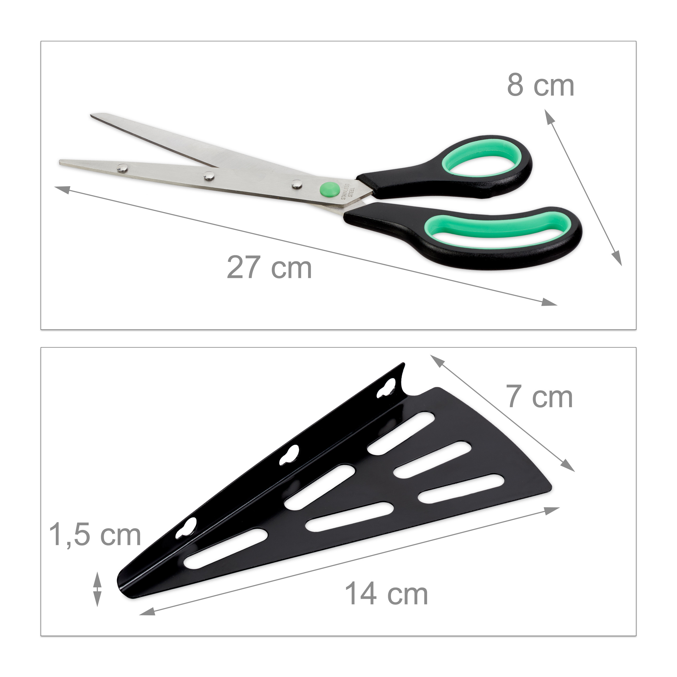 Zwei Produktbilder mit Maßangaben: oben eine Schere mit 27 cm Länge, unten eine schwarze dreieckige Halterung.