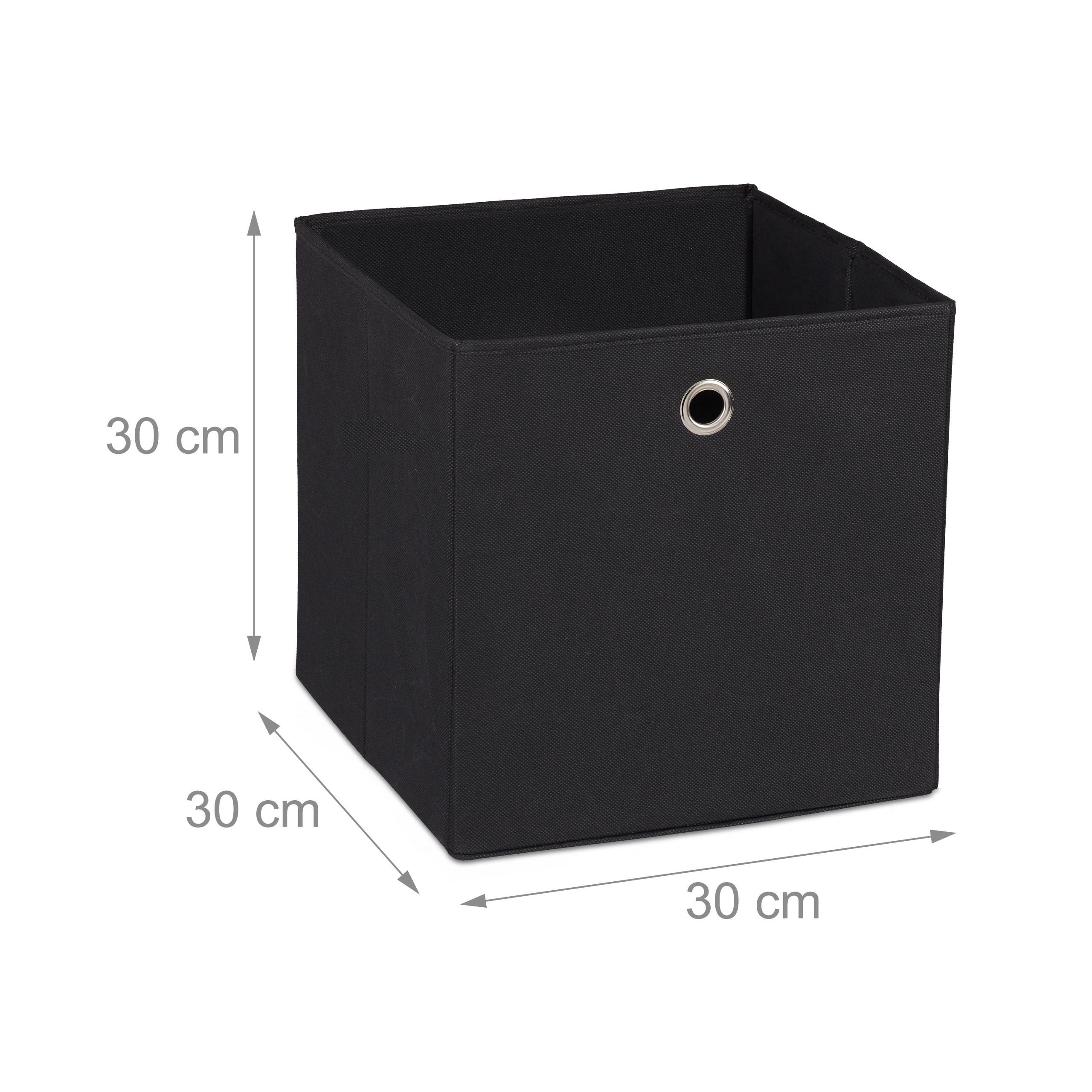 Eine schwarze Stoff-Aufbewahrungsbox mit den Maßen 30x30x30 cm und einer Metallöse auf der Vorderseite.