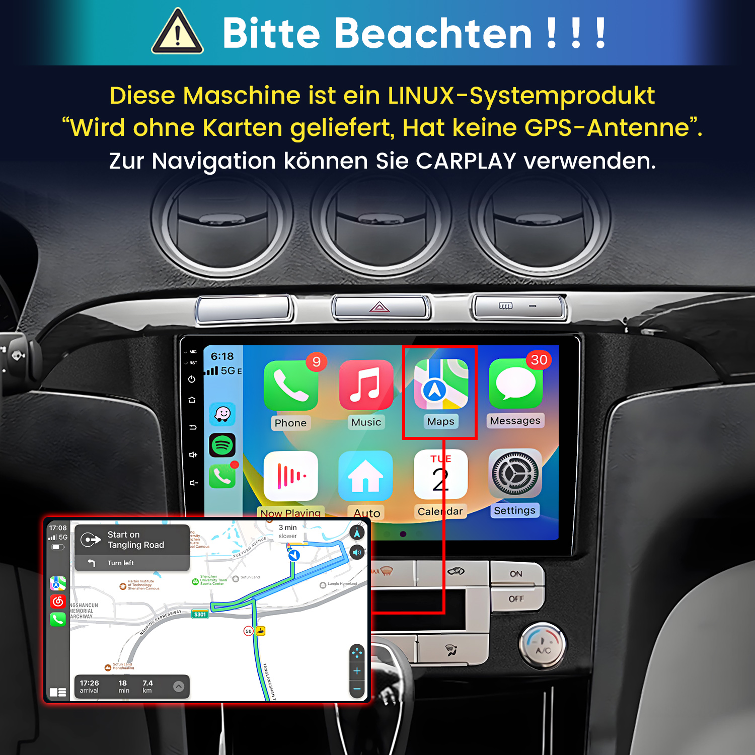 Linux-Autoradio mit CarPlay-Display und Navigation.