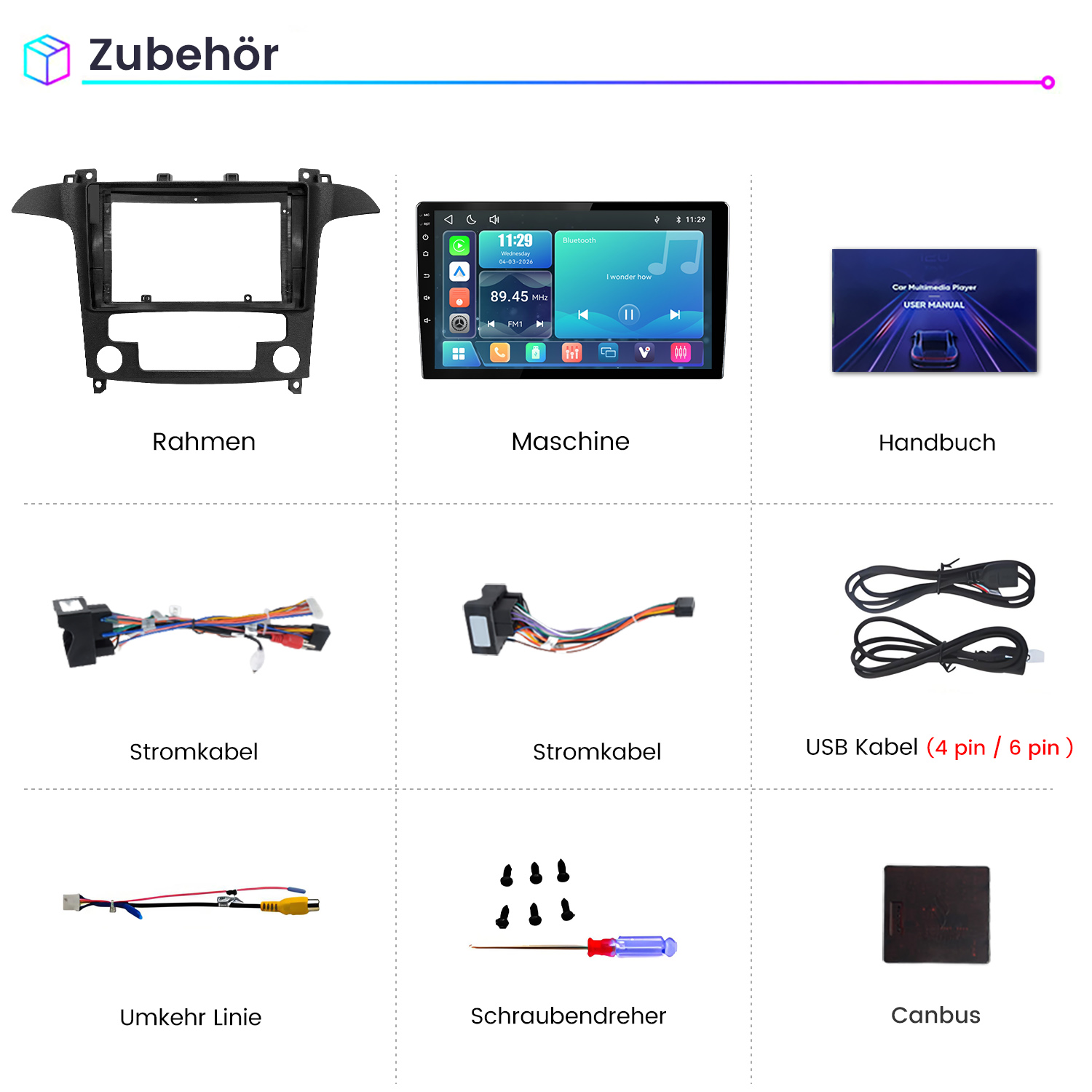 Autoradio-Zubehör mit Rahmen, Touchscreen, Kabeln, Handbuch, Schrauben und Canbus-Modul.