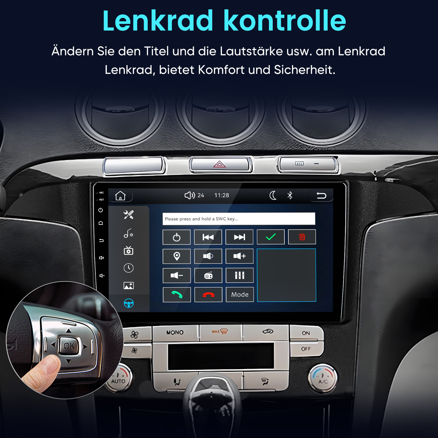 Autodisplay mit Lenkradsteuerungseinstellungen und inset-Bild des Lenkrads.