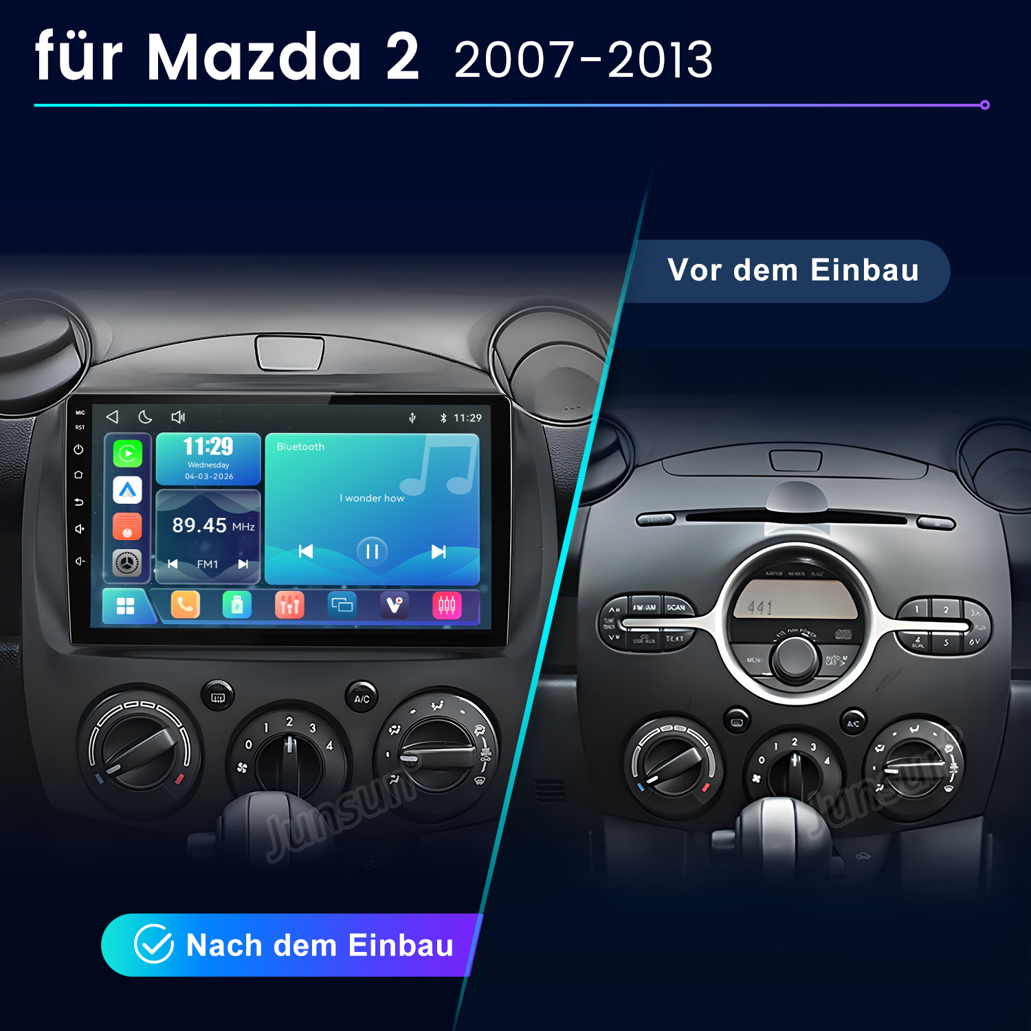 Vergleich des Mazda 2 Armaturenbretts vor und nach dem Einbau eines Touchscreen-Multimediasystems.