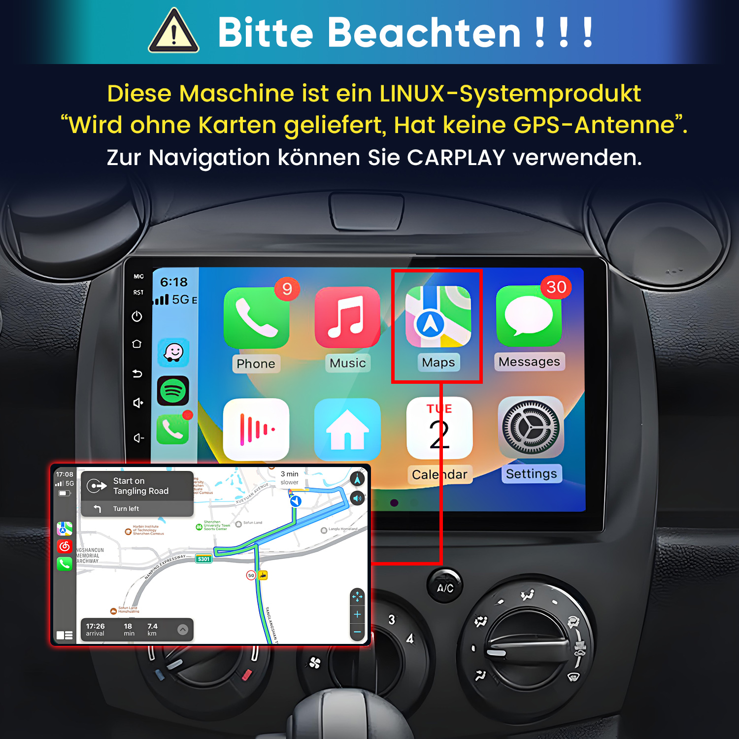 Ein Car-Display zeigt das CarPlay-Menü und eine Navigationskarte in einem Auto-Armaturenbrett.