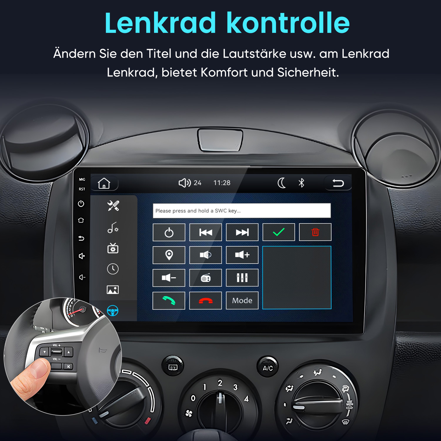 Autodisplay mit Lenkradsteuerungseinstellungen und Bedienelementen.