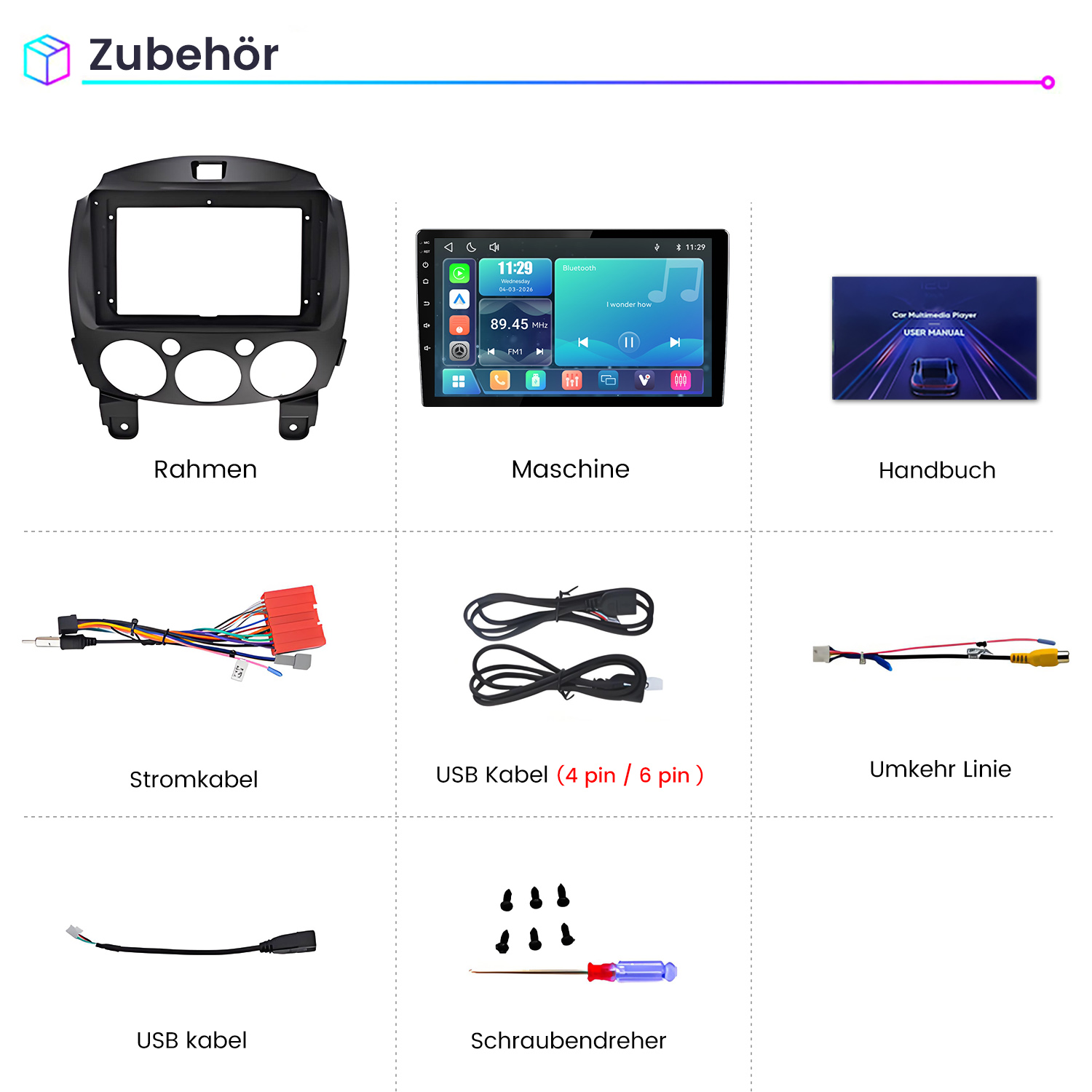 Übersicht von Autozubehörteilen wie Rahmen, Maschine, Handbuch, Kabel und Schraubendreher.