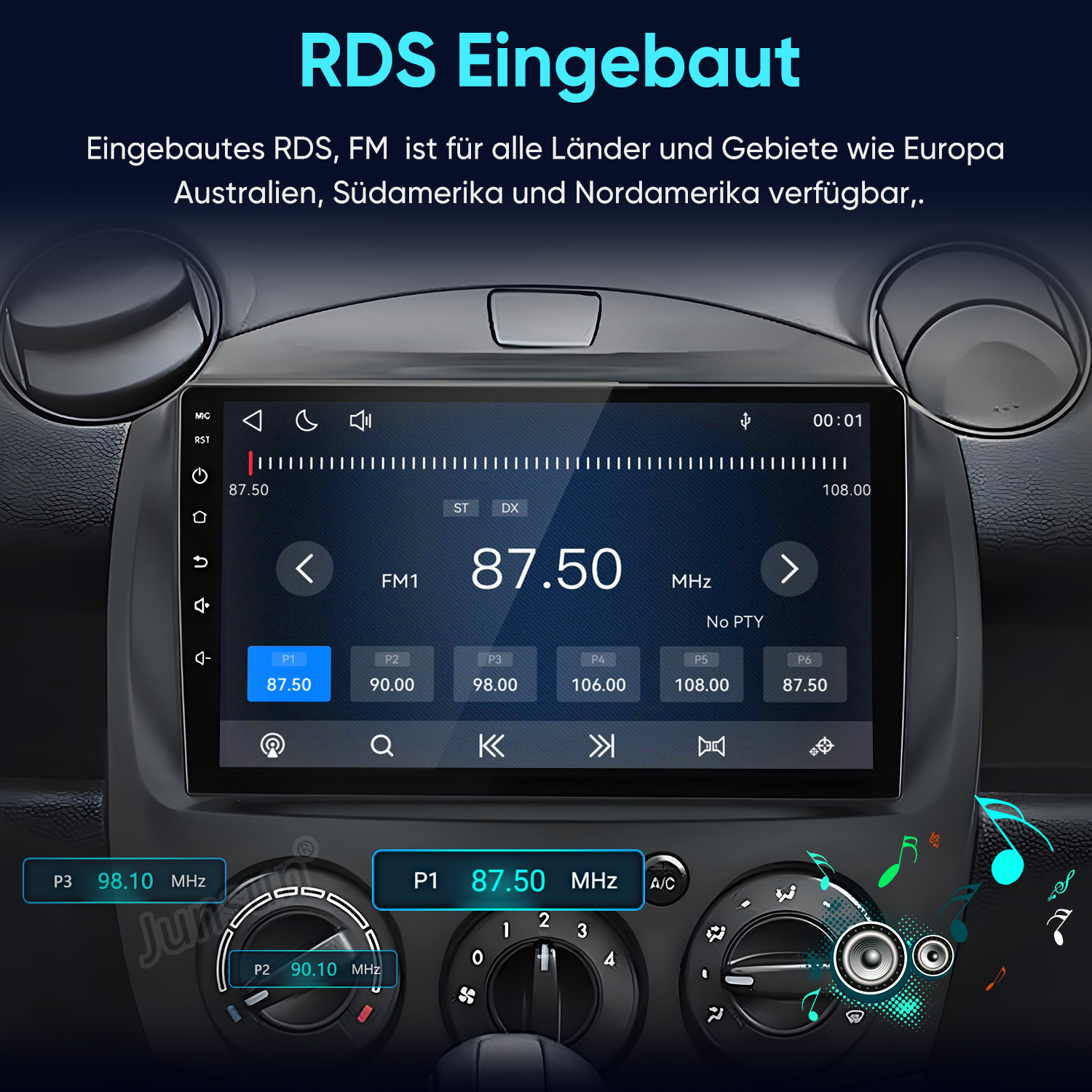 Ein Auto-Armaturenbrett mit einem digitalen Multimedia-Touchscreen und einer auf 87,50 MHz eingestellten UKW-Radio-Schnittstelle.