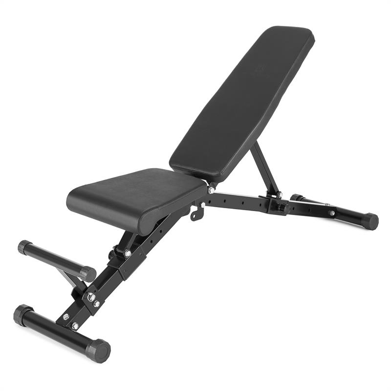 Verstellbare schwarze Fitnessbank mit robuster Metallstruktur und gepolsterten Sitzen.