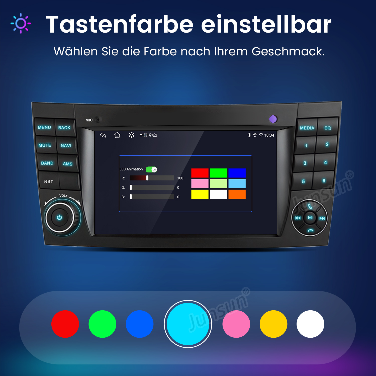 Autoradio mit einstellbarer Tastenfarbe und Farbwahleinstellungen auf dem Bildschirm vor blauem Hintergrund.