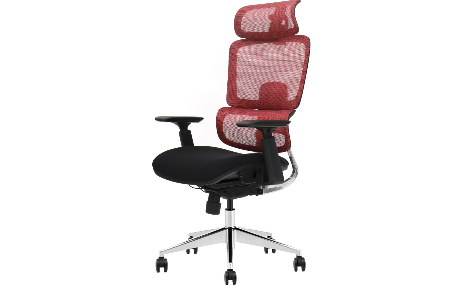 Ein ergonomischer Buerostuhl mit schwarzem Sitz und rotem Netztruemmer auf einem silbernen Rollfuss.