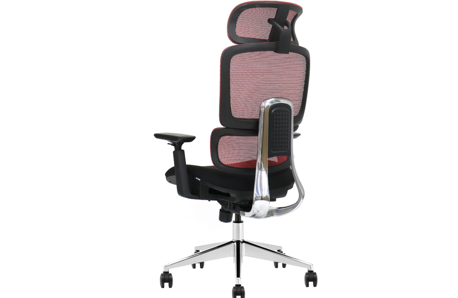 Rückansicht eines ergonomischen Stuhls mit rotem Netzrücken, schwarzem Sitz und silbernem Fußkreuz auf Rollen.