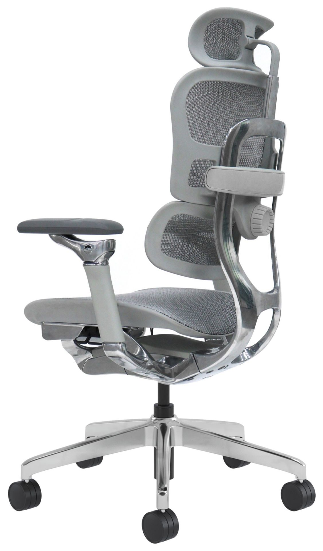 Ergonomischer grauer Buerostuhl mit Netzrückenlehne und Metallrahmen.