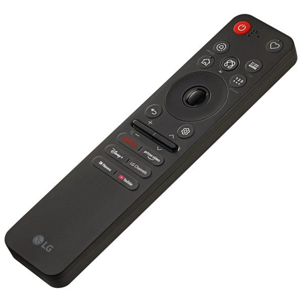 Schwarze LG-Fernbedienung mit verschiedenen Tasten und einem zentralen Scrollrad auf weißem Hintergrund.