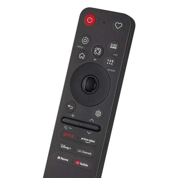 Eine schwarze LG Magic Remote Fernbedienung mit zentralem Scrollrad, Streaming-Tasten und rotem Power-Knopf oben.