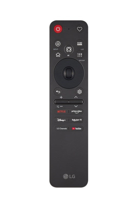Schwarze LG Magic Remote Fernbedienung mit vielen Tasten und App-Logo-Tasten.