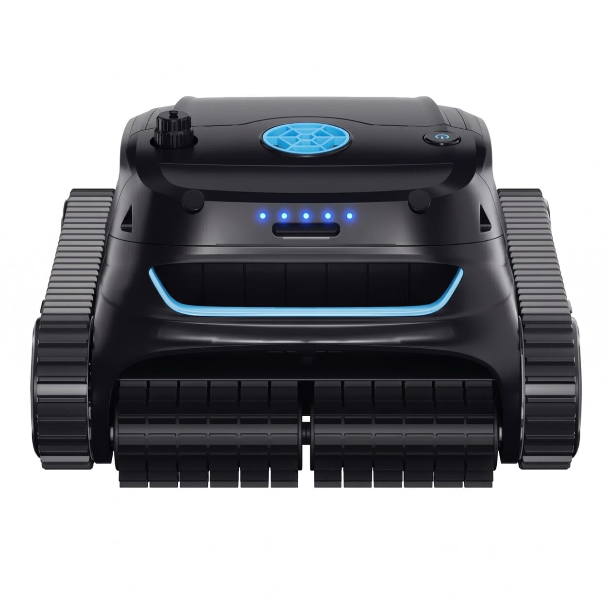 Un robot limpiapiscinas negro con detalles azules y orugas se encuentra de frente sobre fondo blanco.