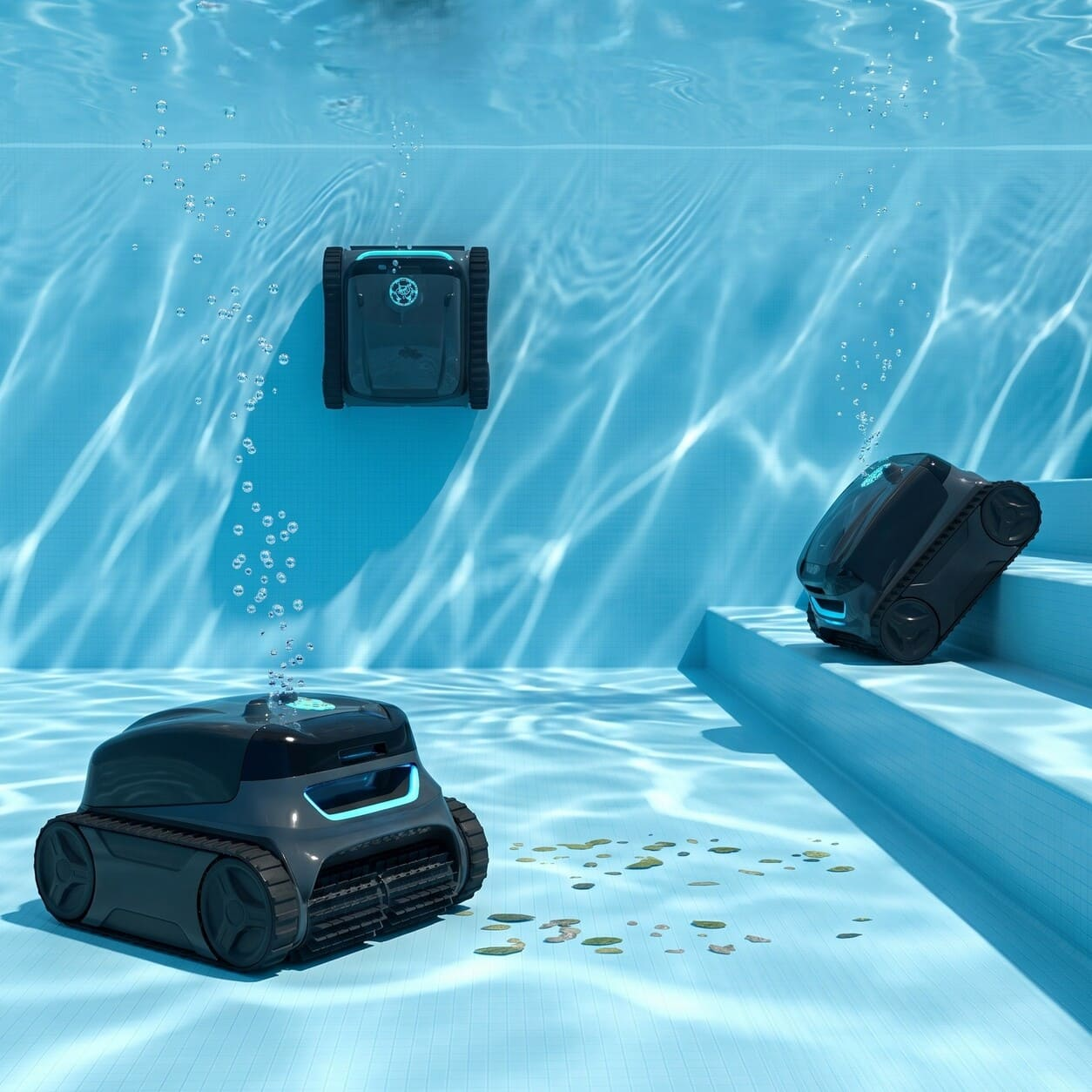 Tres robots limpiapiscinas negros bajo el agua en una piscina azul con burbujas ascendentes.