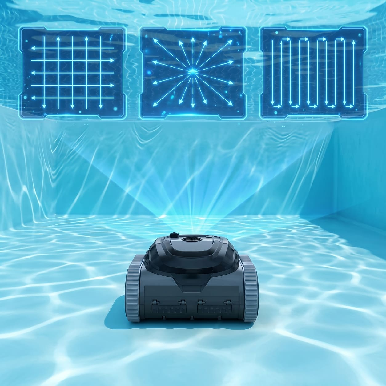 Un robot limpia piscinas bajo el agua con iconos de patrones de navegación brillantes.