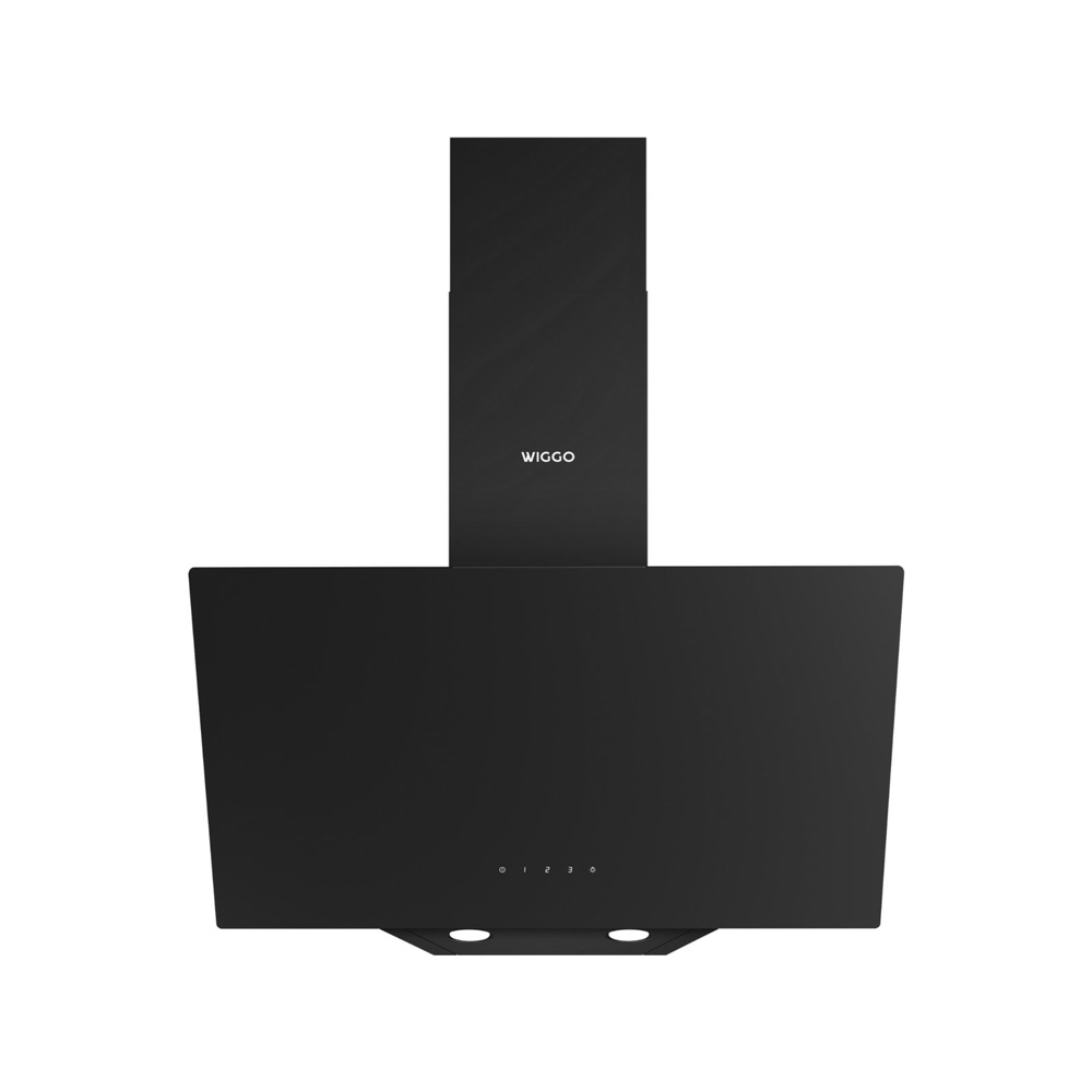 Modern black WIGGO range hood against a white background with a touch control panel.