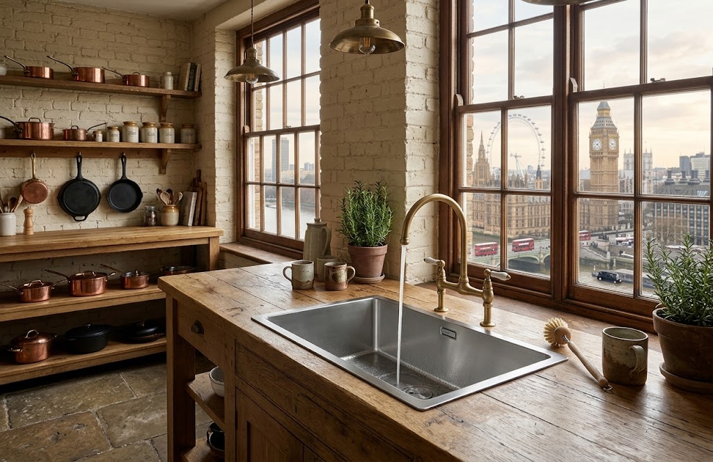 Cucina rustica con isola in legno, pentole in rame e vista di Londra dalla finestra.