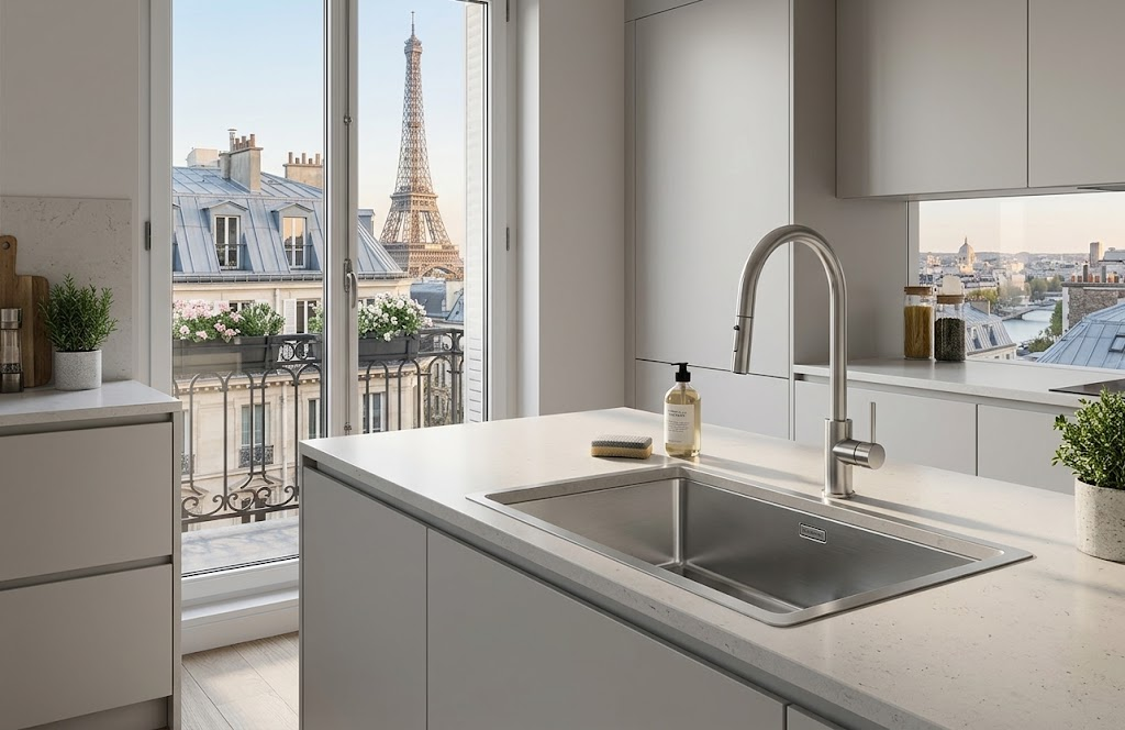 Un'isola da cucina moderna con lavello e vista sulla Torre Eiffel dalla finestra.
