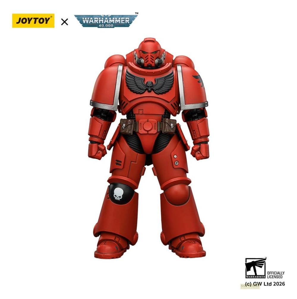 Czerwona figurka JoyToy Warhammer 40k w ciężkiej zbroi z symbolem czaszki.