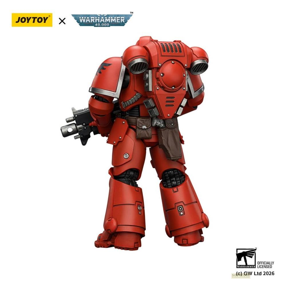 Widok z tyłu czerwonej figurki Warhammer 40k JoyToy w zbroi wspomaganej z plecakiem.