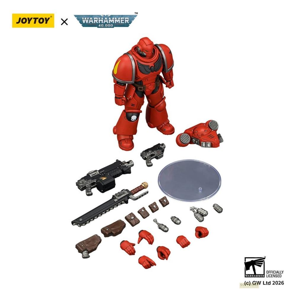 Czerwona figurka akcji Warhammer 40k z wymienną bronią, dłońmi i akcesoriami na białym tle.
