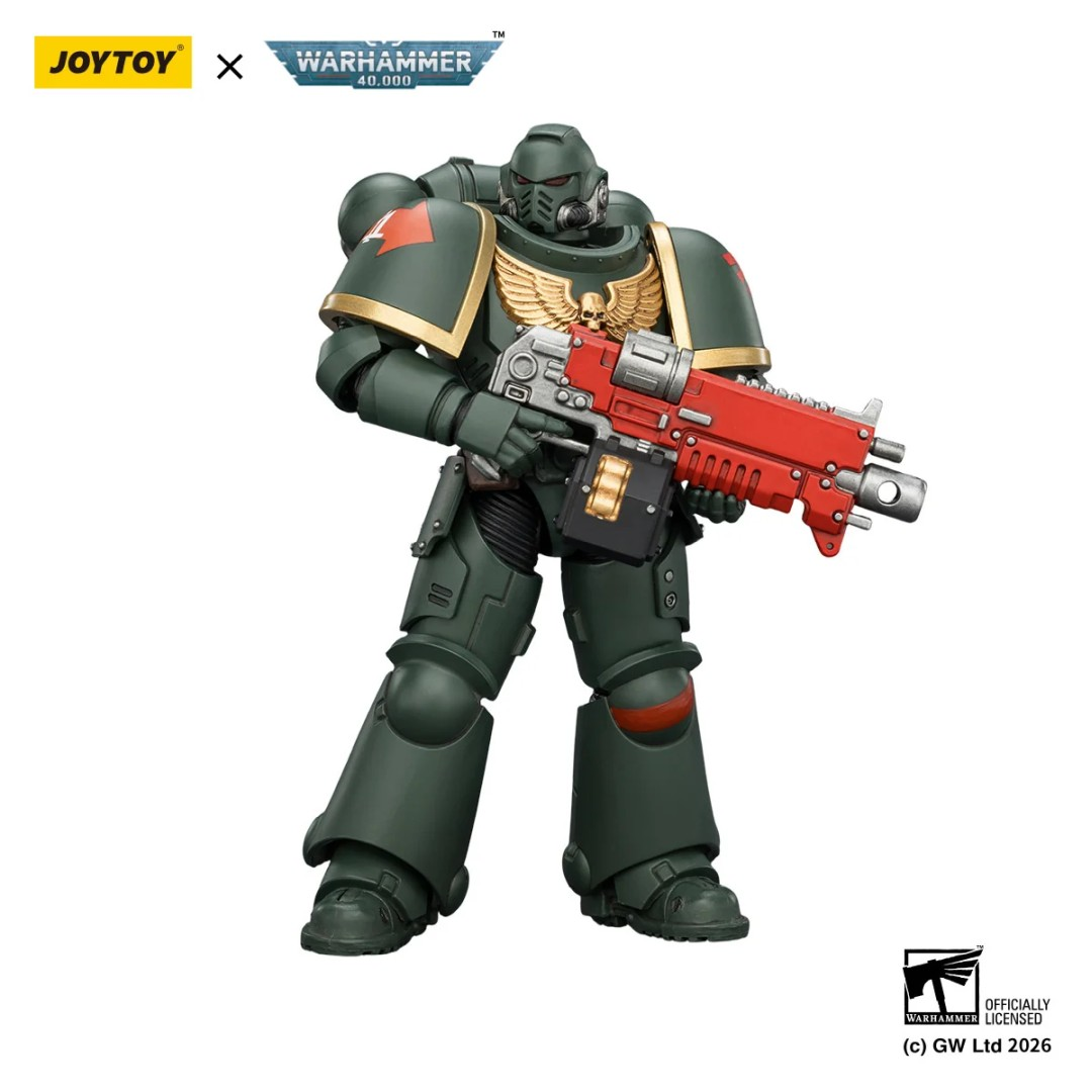 Zielona figurka akcji Warhammer 40k z złotym orłem i czerwoną bronią na białym tle.