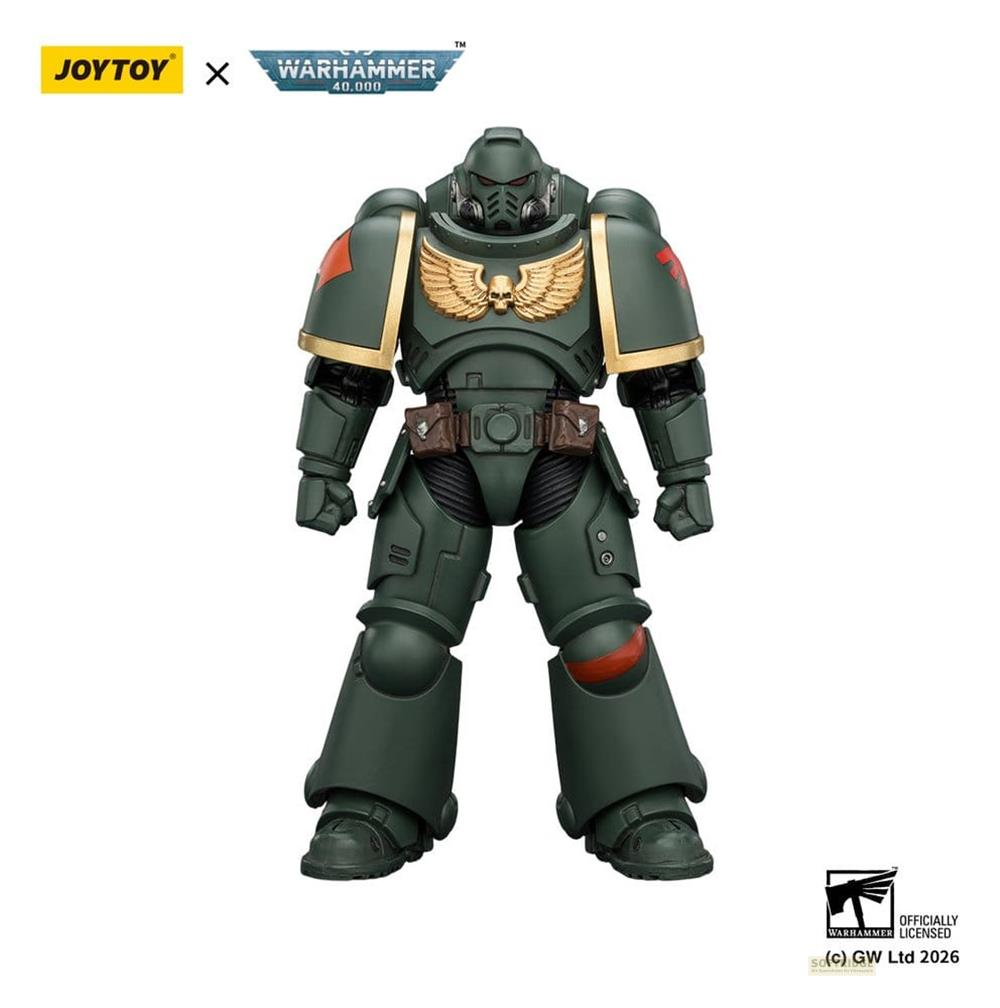Zielona figurka akcji Warhammer 40k JoyToy ze złotym emblematem orła na piersi i brązowymi sakwami.