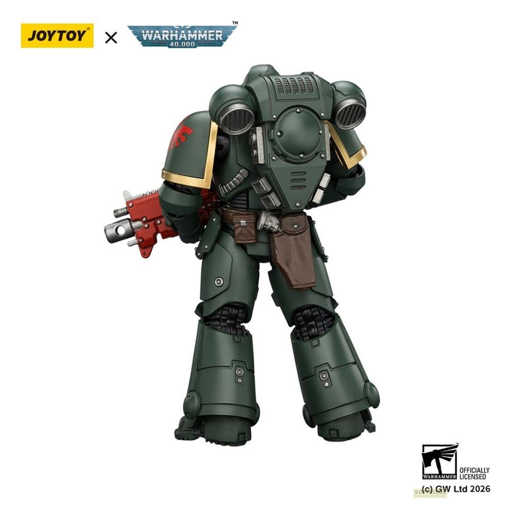 Zielona figurka akcji Warhammer 40k JoyToy od tyłu z czerwonym karabinem.