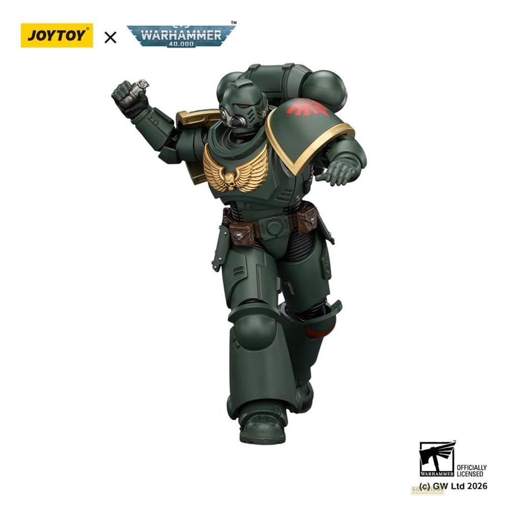 Zielona figurka akcji Warhammer 40k JoyToy w dynamicznej pozie z złotym orłem.