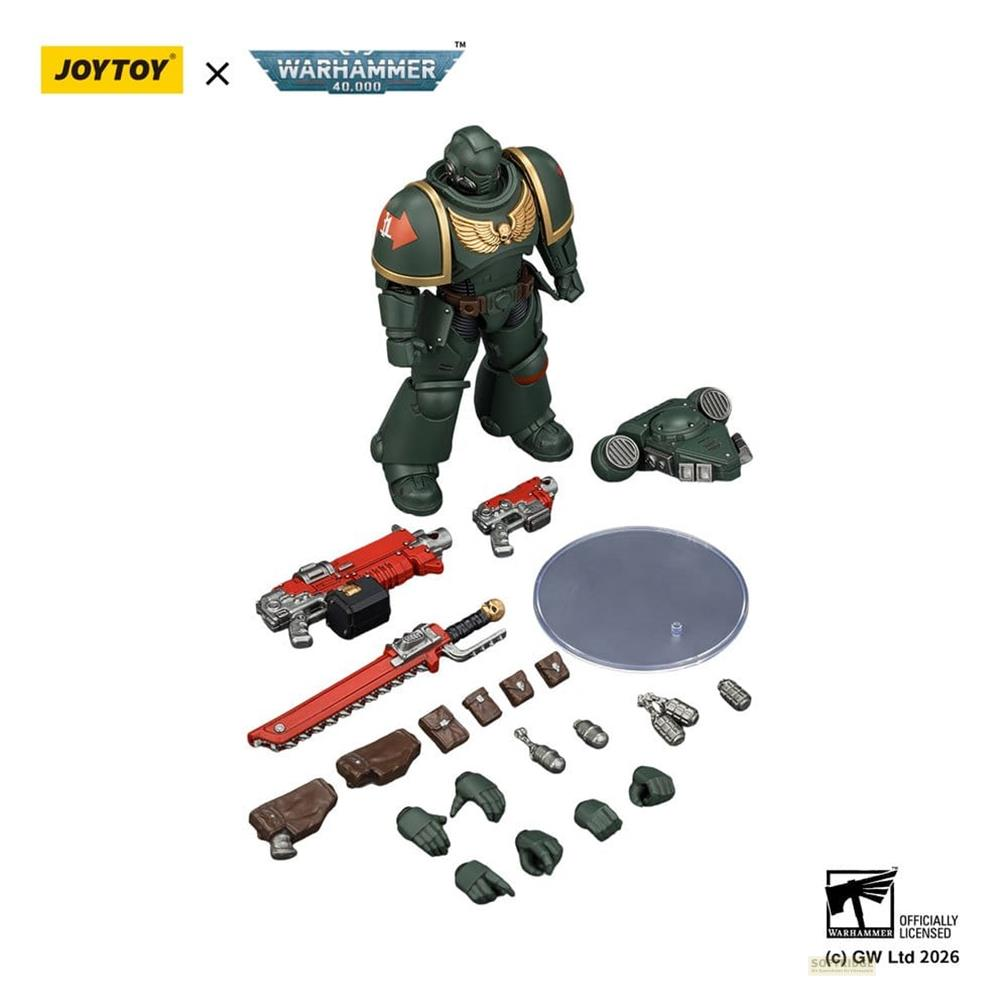 Zielona figurka Warhammer 40k JoyToy z czerwonymi brońmi, wymiennymi częściami i akcesoriami na białym tle.