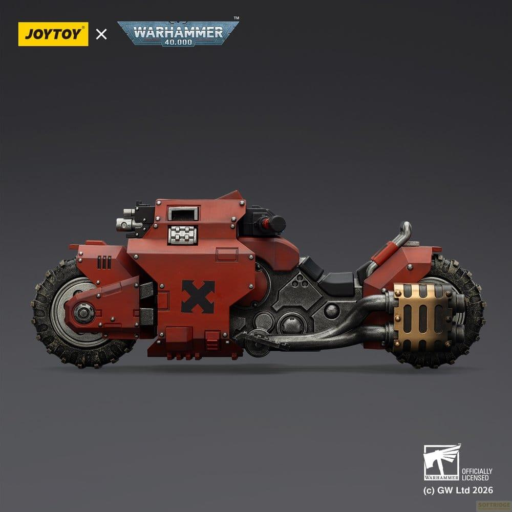 Czerwony motocykl Warhammer 40,000 JoyToy z terenowymi oponami i srebrnymi akcentami.