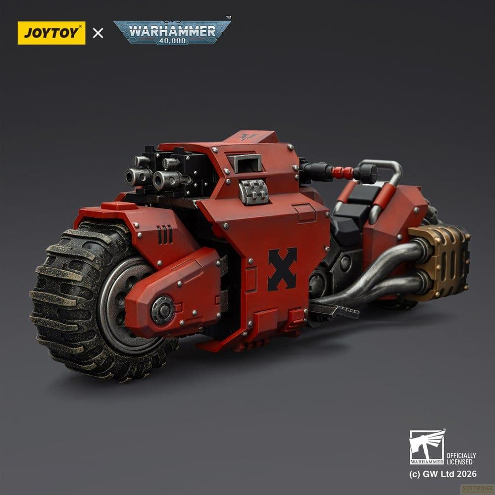 Czerwony motocykl Warhammer 40,000 JoyToy z grubymi oponami i bronią.