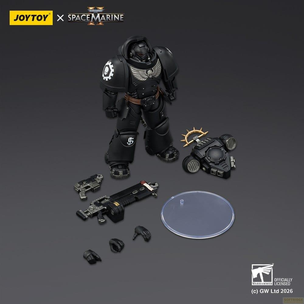 Czarna figurka akcji JoyToy Space Marine z bronią, plecakiem odrzutowym, dodatkowymi dłońmi i podstawką.