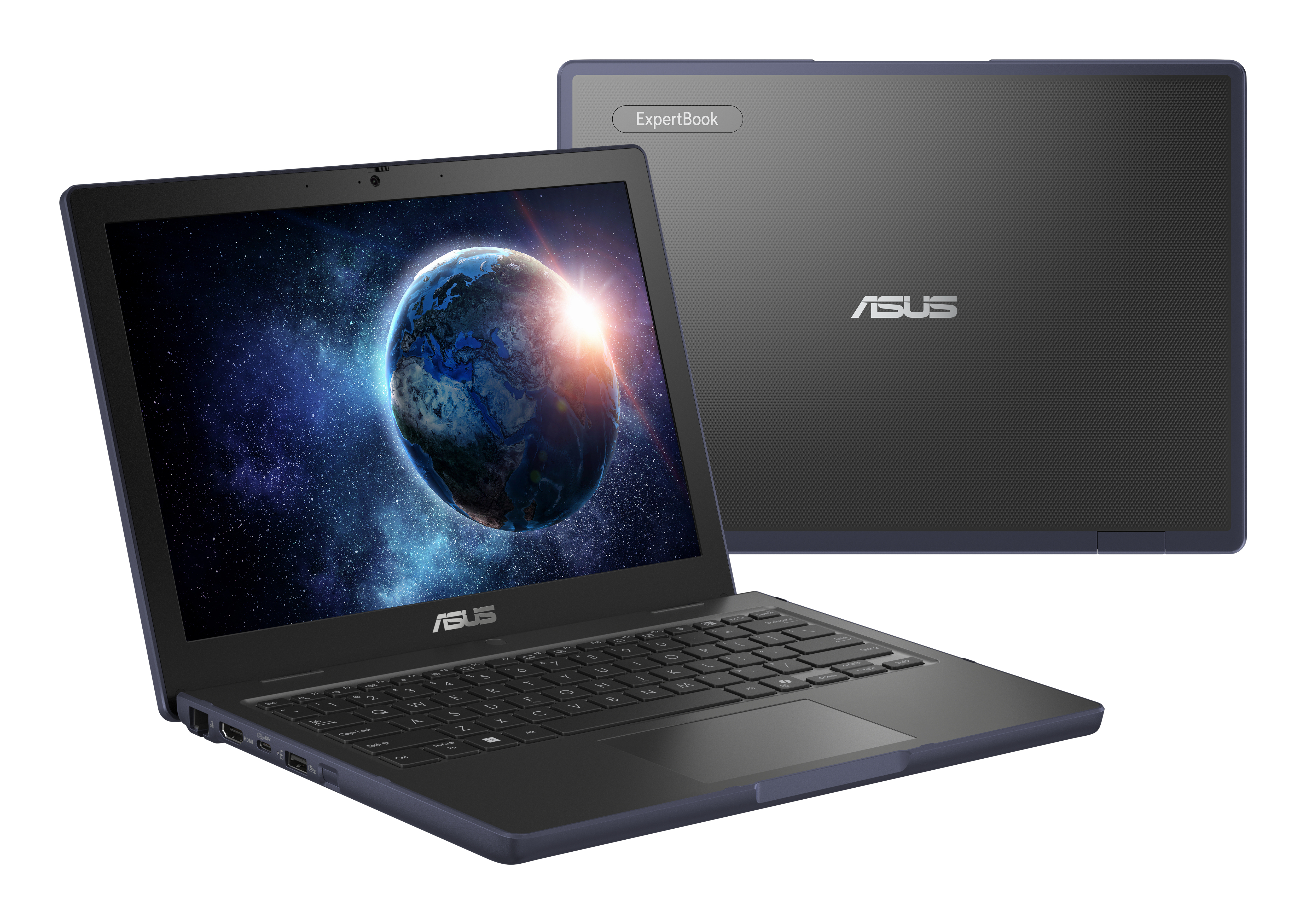 Un ordenador portátil ASUS ExpertBook con fondo de pantalla de la Tierra y vista de la tapa texturizada.