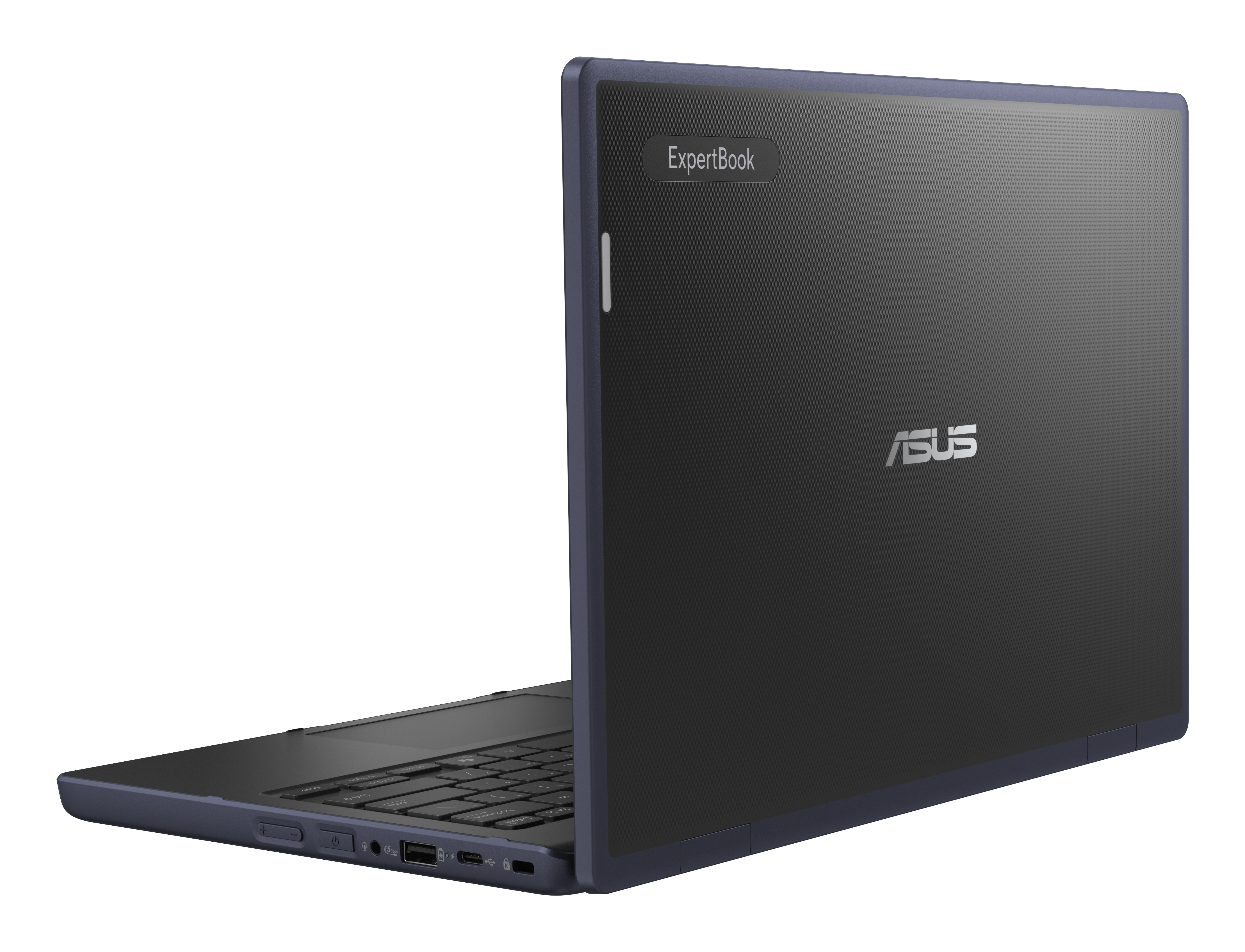 Un ordenador portátil Asus ExpertBook azul inclinado sobre fondo blanco muestra puertos en el lateral.