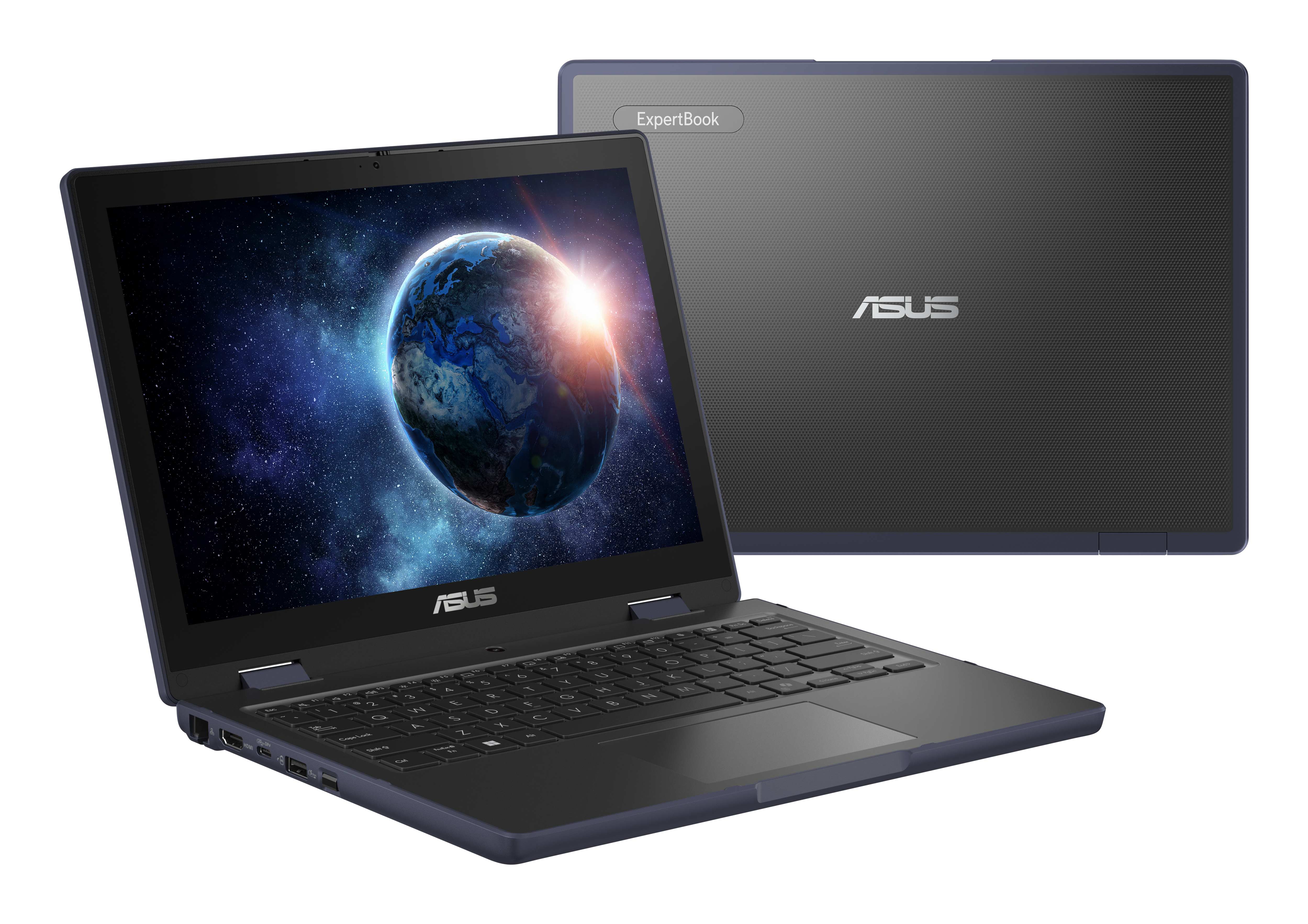 Una laptop ASUS ExpertBook, abierta con fondo de pantalla de la Tierra y cerrada cerca sobre fondo blanco.