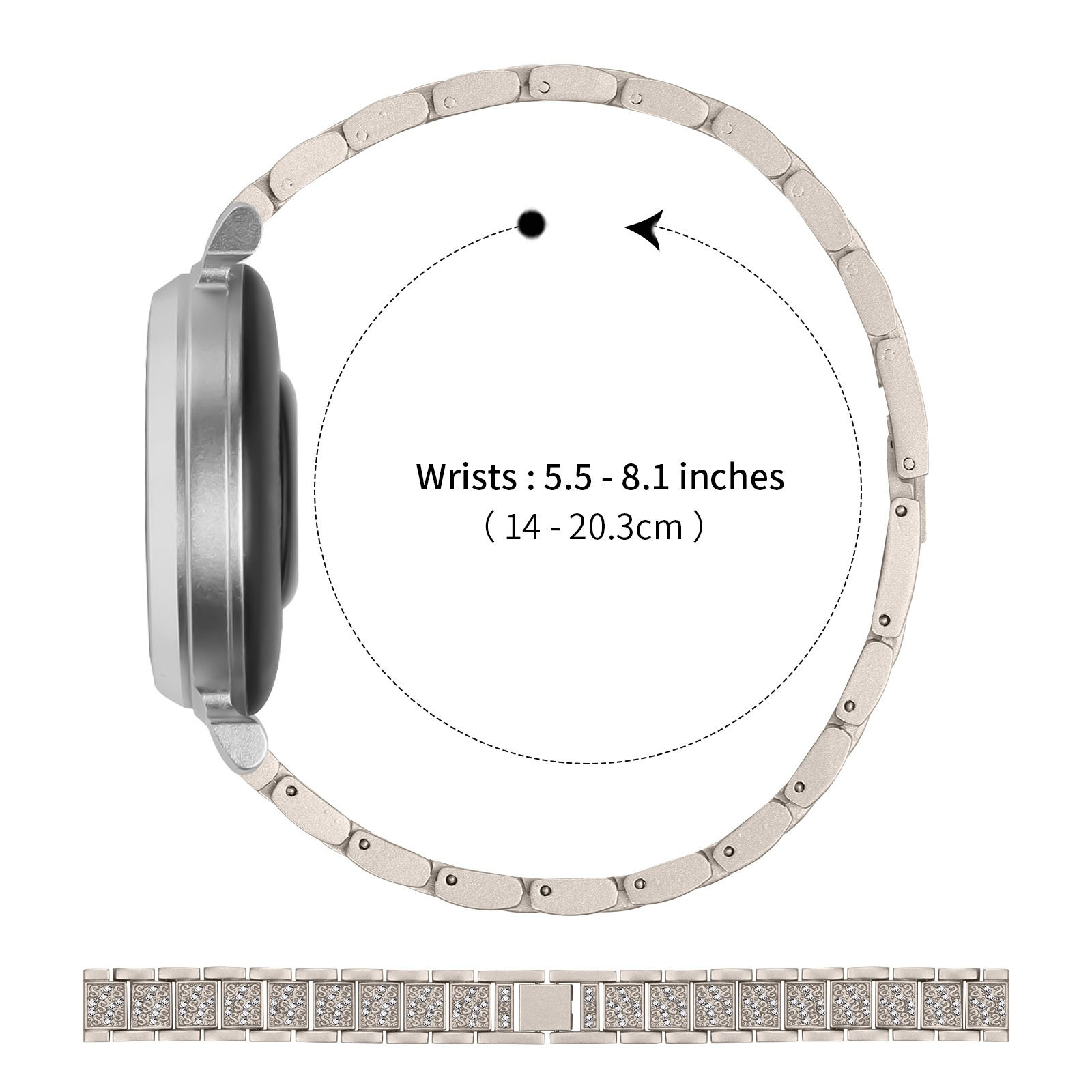 Diagram przedstawiający rozmiar nadgarstka dla paska do zegarka z cyrkoniami.