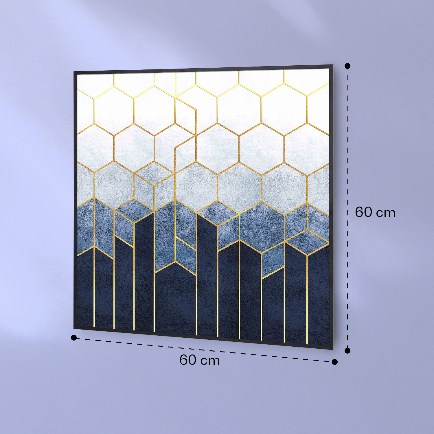 Quadro da parete quadrato 60x60 cm con motivo geometrico a esagoni sfumati.