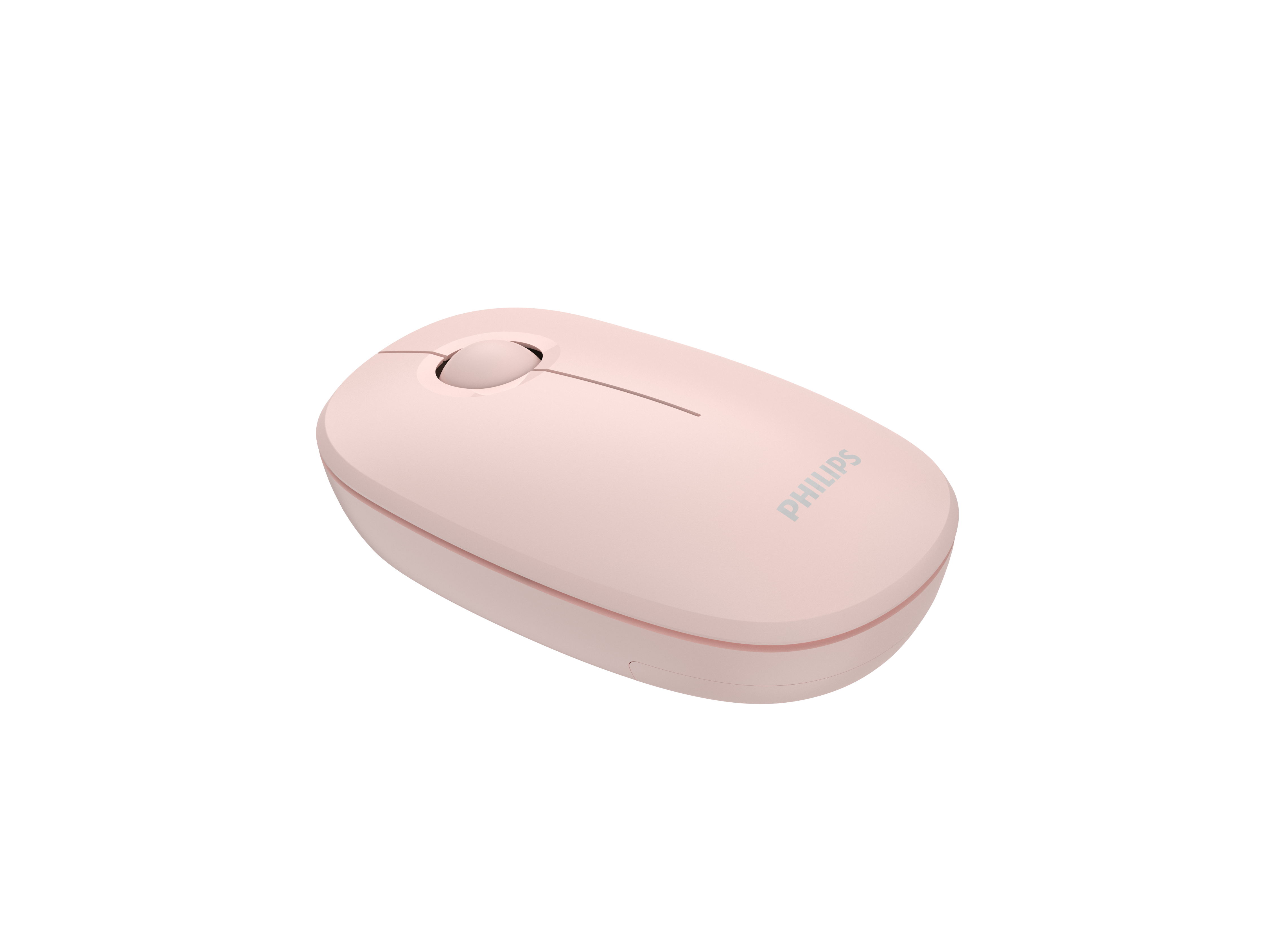 Beyaz arkaplanda şık, pembe kablosuz Philips bilgisayar faresi.