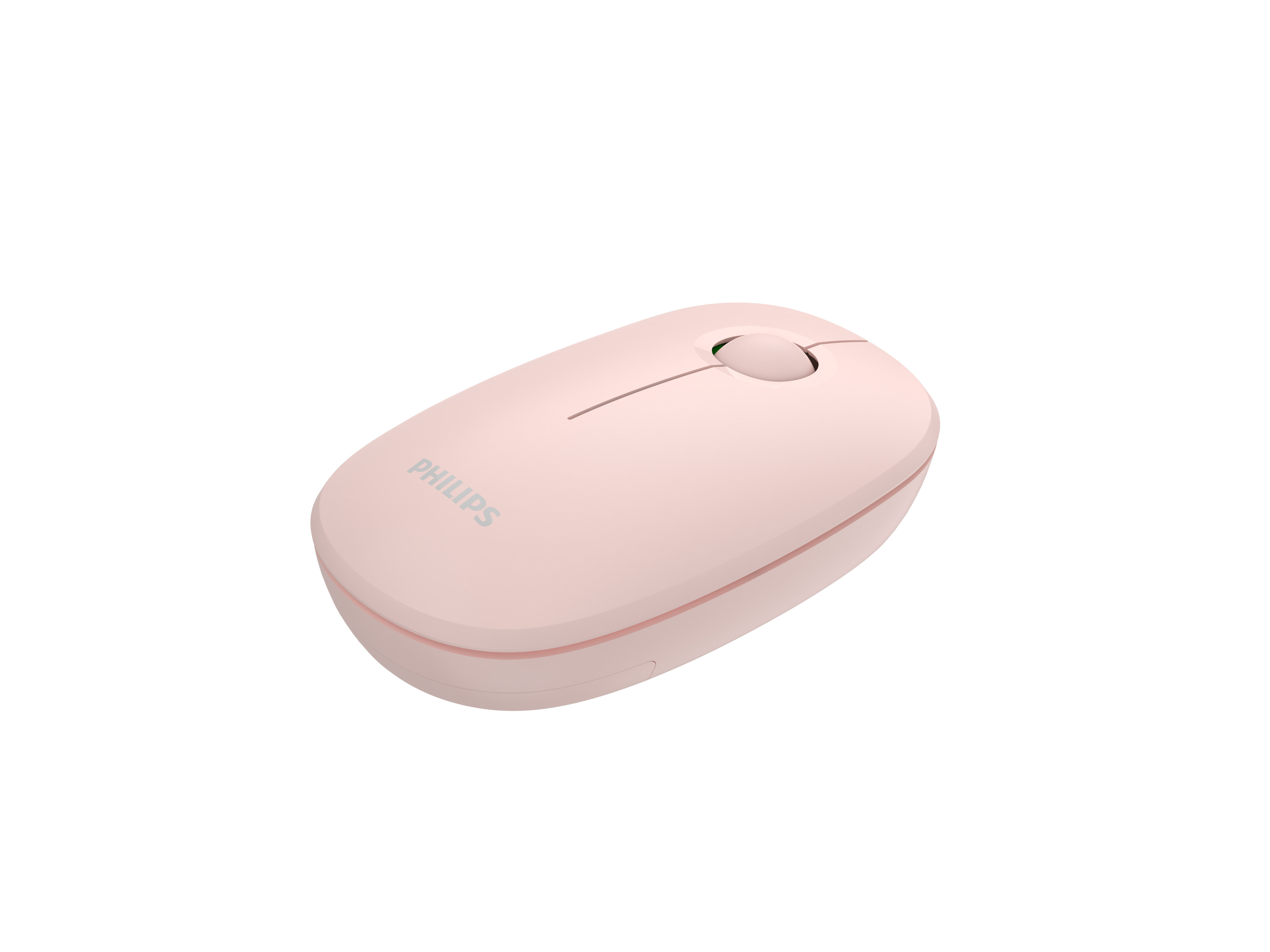 Beyaz arka planda şık, açık pembe kablosuz Philips bilgisayar faresi.