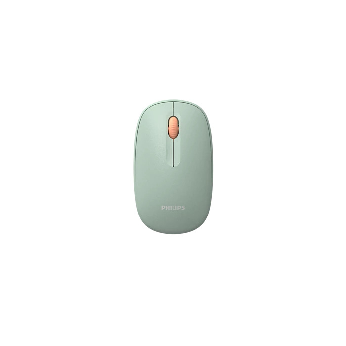 Beyaz arka planda turuncu kaydırma tekerleğine sahip açık yeşil bir Philips bilgisayar faresi.