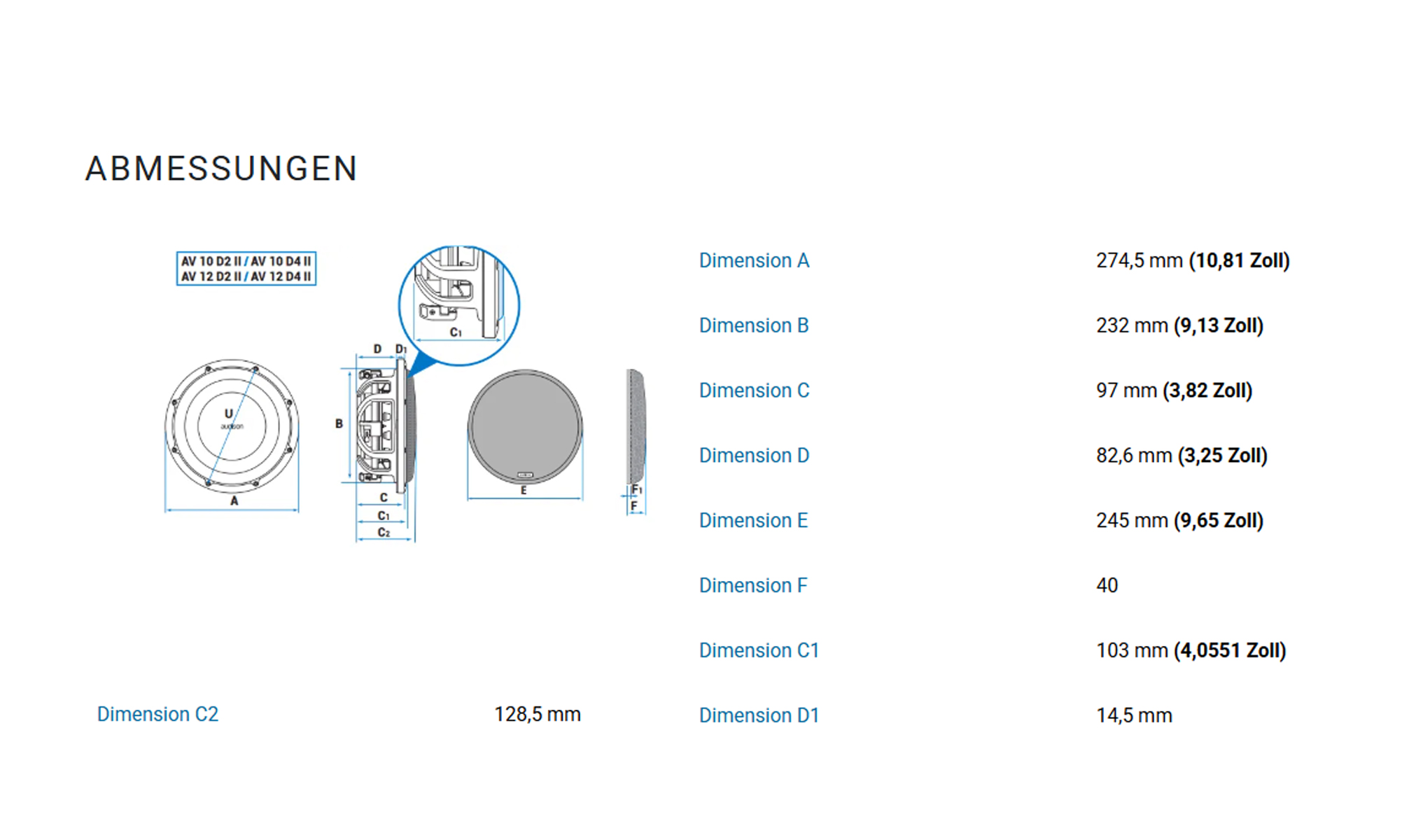 Technisches Diagramm mit Abmessungen und Maßen für die Lautsprechermodelle AV 10 und AV 12.
