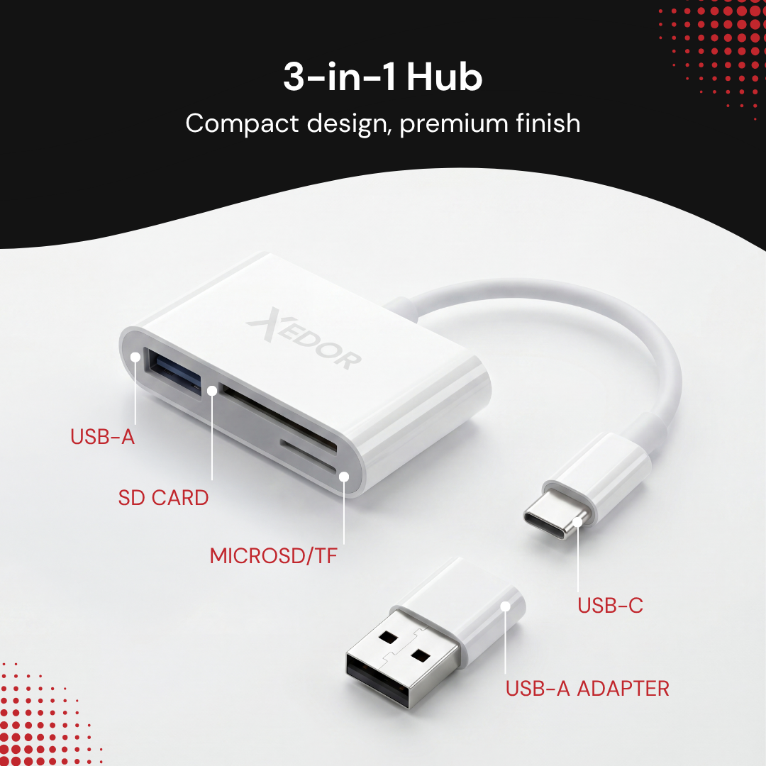 Weißer 3-in-1-USB-C-Hub mit USB-A-, SD- und MicroSD-Anschlüssen sowie Adapter.
