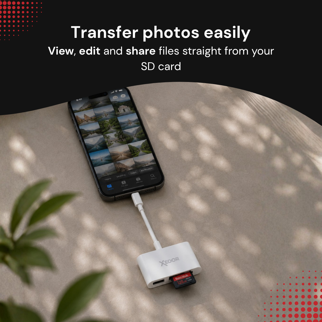 Smartphone verbunden mit einem SD-Kartenleser auf einem Tisch.